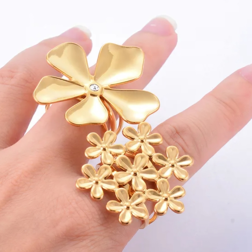 Flower Ring Statement Ring Golden Blossom Adjustable - Picture 4 of 13